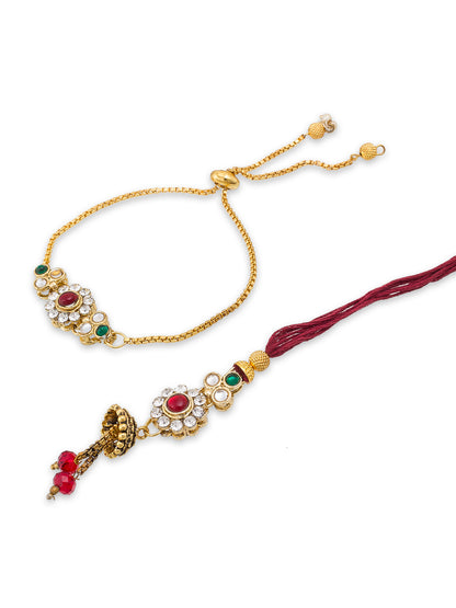 Aadita Bhaiya Bhabhi Rakhi Set with Red-Green Beads & Kundan Work