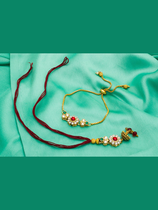 Aadita Bhaiya Bhabhi Rakhi Set with Red-Green Beads & Kundan Work