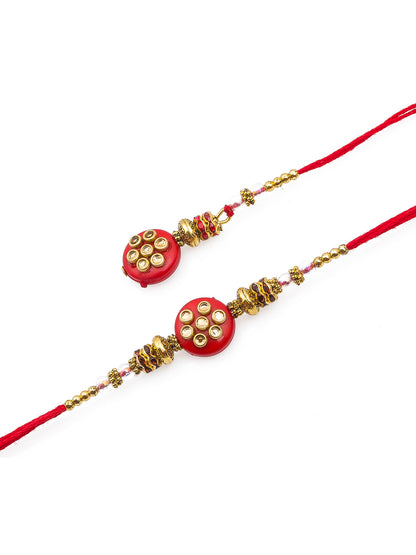 Aadita Bhaiya Bhabhi Rakhi with Red Round Motif and Kundan Stones