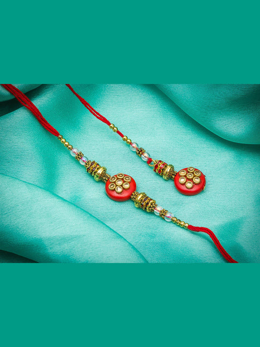 Aadita Bhaiya Bhabhi Rakhi with Red Round Motif and Kundan Stones