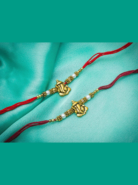 Aadita Golden Ganesh Rakhi Pair with Beads – Traditional Combo Rakhi Set