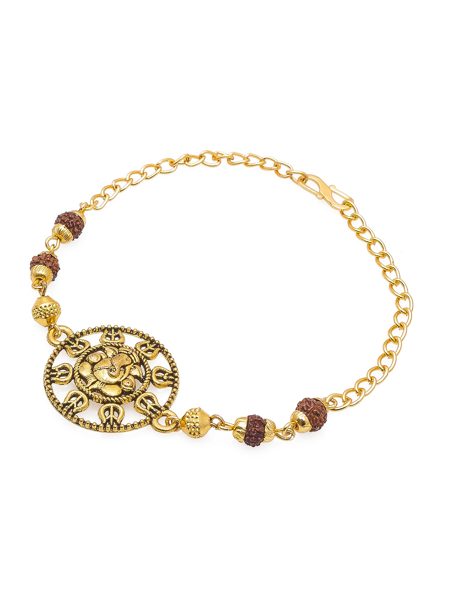 Gold bracelet with decorative elements on a white background
