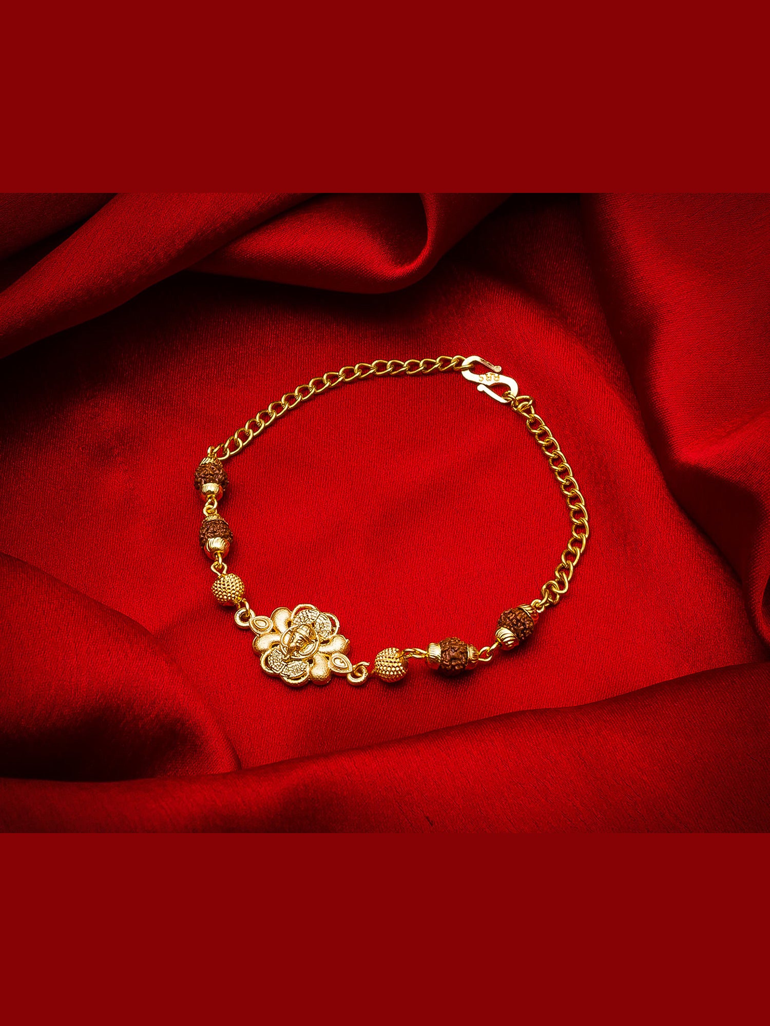 Aadita Ganesh Rudraksh Bracelet Rakhi with Floral Motif – Gold Plated
