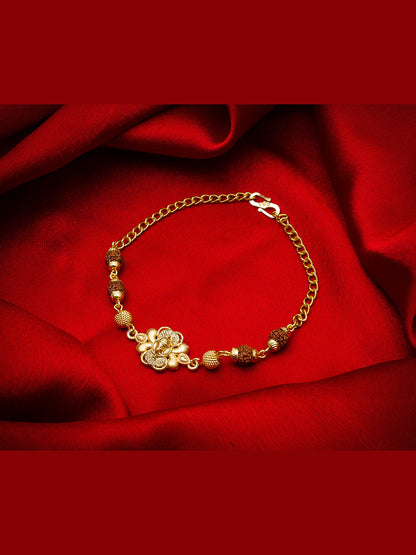 Aadita Ganesh Rudraksh Bracelet Rakhi with Floral Motif – Gold Plated