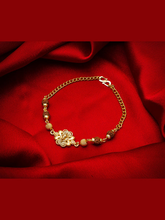 Aadita Ganesh Rudraksh Bracelet Rakhi with Floral Motif – Gold Plated