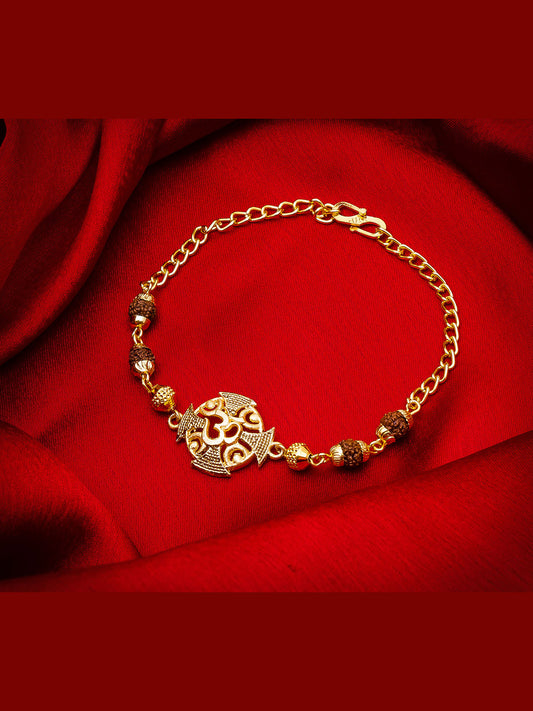 Aadita Om Rudraksh Bracelet Rakhi with Chain Gold Plated