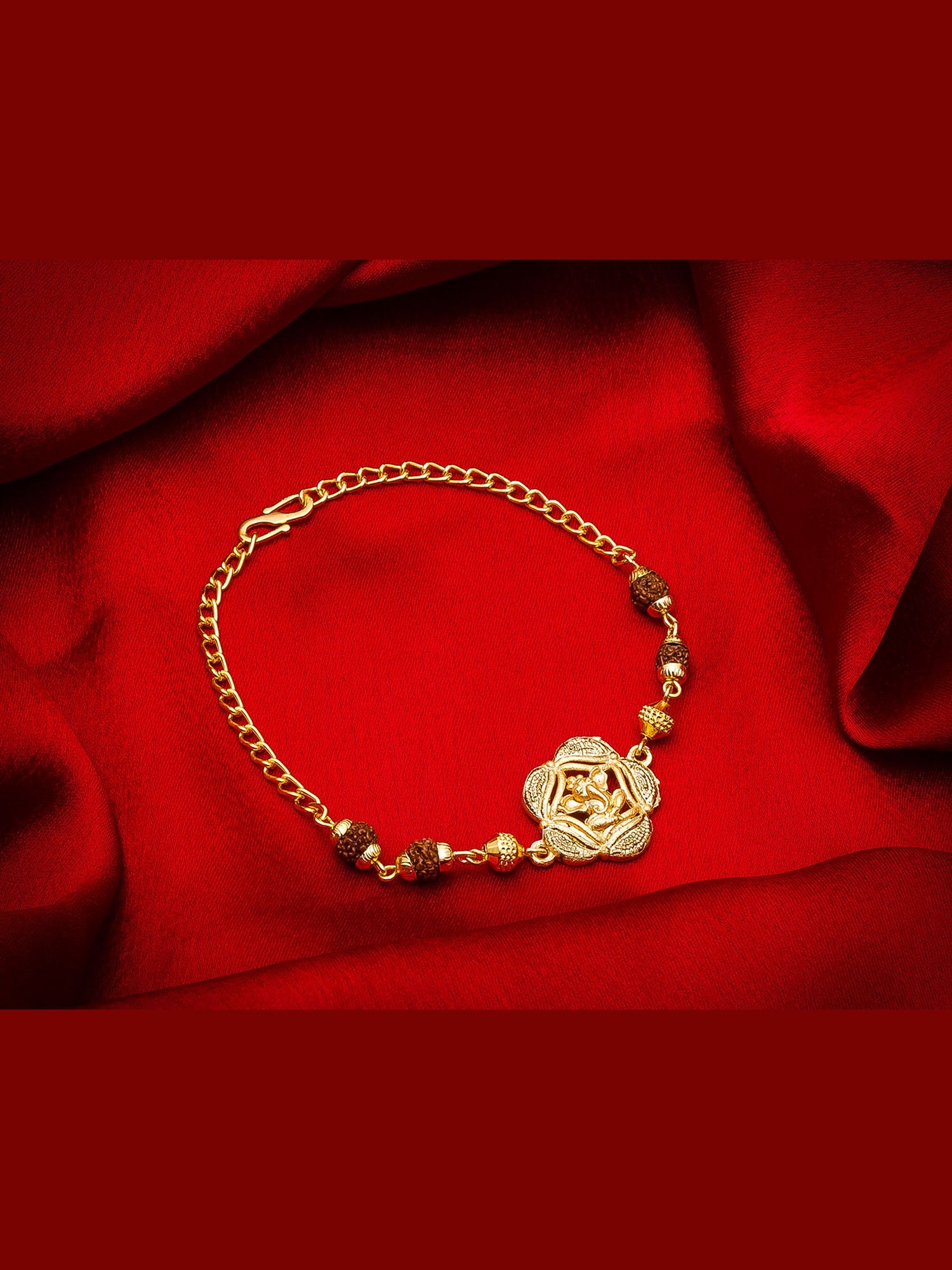 Aadita Gold Plated Bracelet Rakhi with Ganesh Motif and Rudraksh Beads