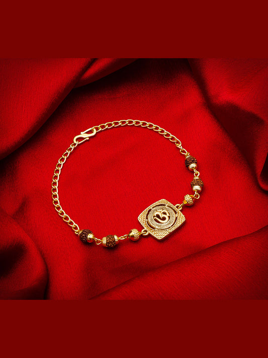 Aadita Om Design Gold Plated Bracelet Rakhi with Rudraksh Beads