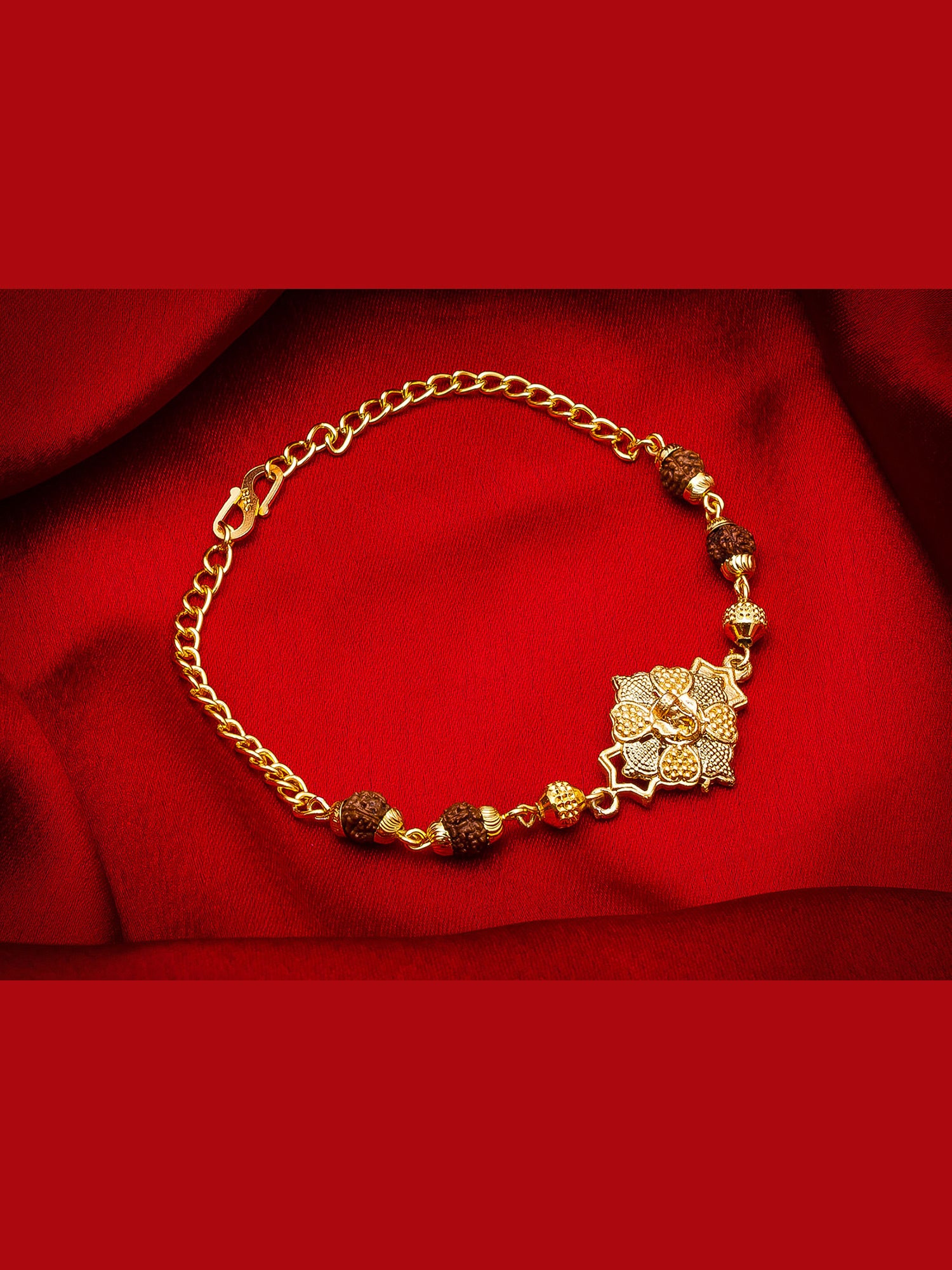Aadita Floral Gold Plated Bracelet Rakhi with Rudraksh Beads