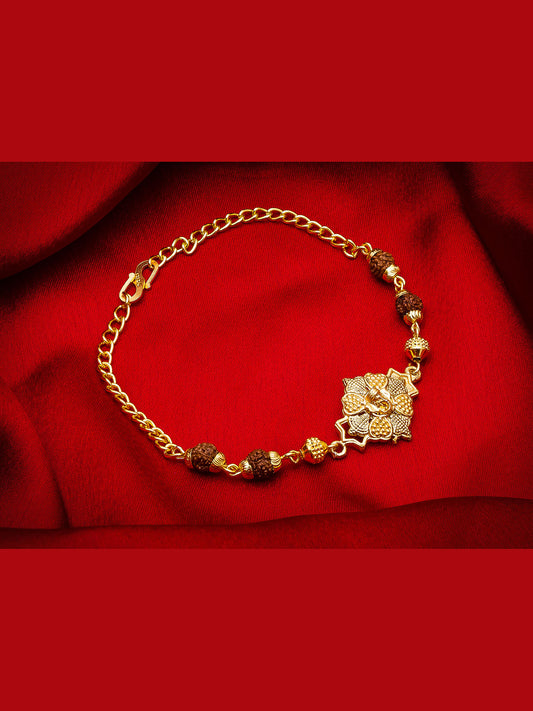 Aadita Floral Gold Plated Bracelet Rakhi with Rudraksh Beads