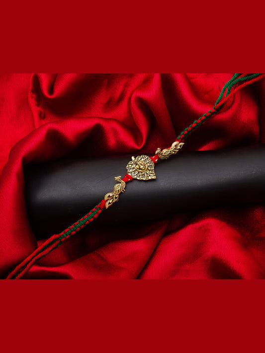 Aadita Ganesh Leaf Rakhi with Twin Peacock Design on Red-Green Thread
