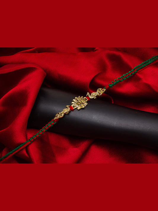 Aadita Golden Lotus Rakhi on Red-Green Thread for Raksha Bandhan
