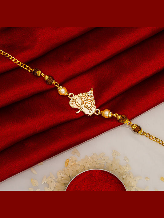 Aadita Leaf-Shaped Ganesh Rudraksh Bracelet Rakhi with Pearls
