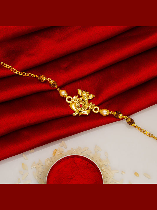 Aadita Ganesh Rudraksh Bracelet Rakhi with Pearl & Red Stone Detailing