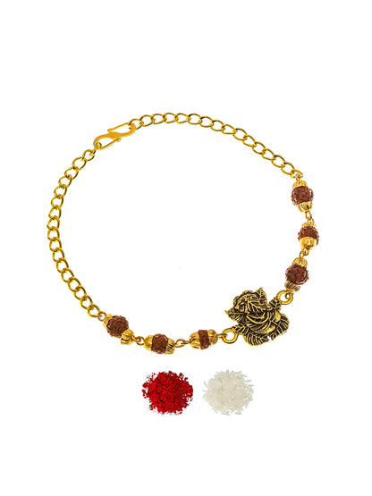 Aadita Leaf-Shaped Ganesh Rudraksh Bracelet Rakhi with Roli Chawal