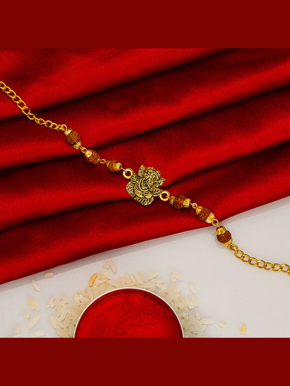 Aadita Leaf-Shaped Ganesh Rudraksh Bracelet Rakhi with Roli Chawal