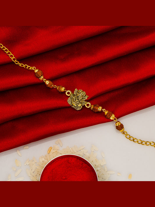 Aadita Leaf-Shaped Ganesh Rudraksh Bracelet Rakhi with Roli Chawal