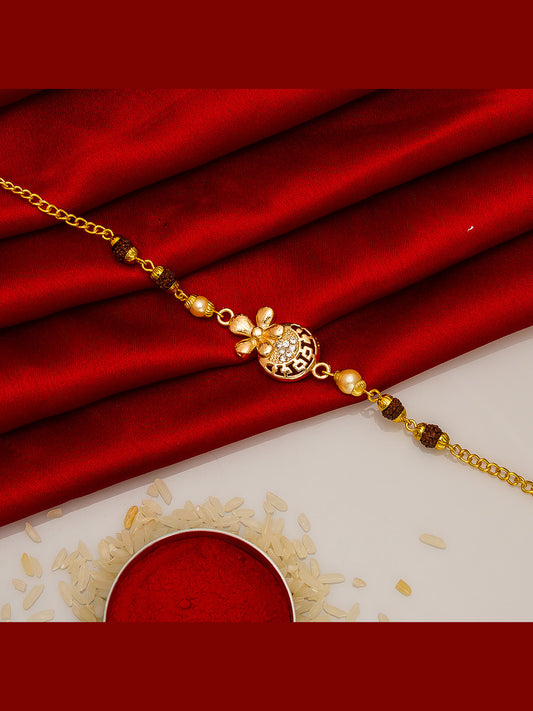 Aadita Rudraksh Bracelet Rakhi with Stone-Studded Floral Design