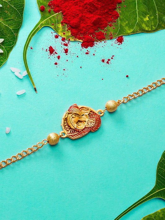 Aadita Red Meenakari Leaf Design Bracelet Rakhi with Ganeshji Motif