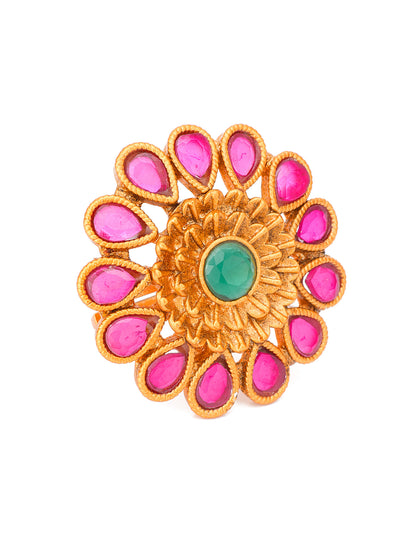 Aadita Gold-Toned Floral Statement Ring with Pink and Green Stones