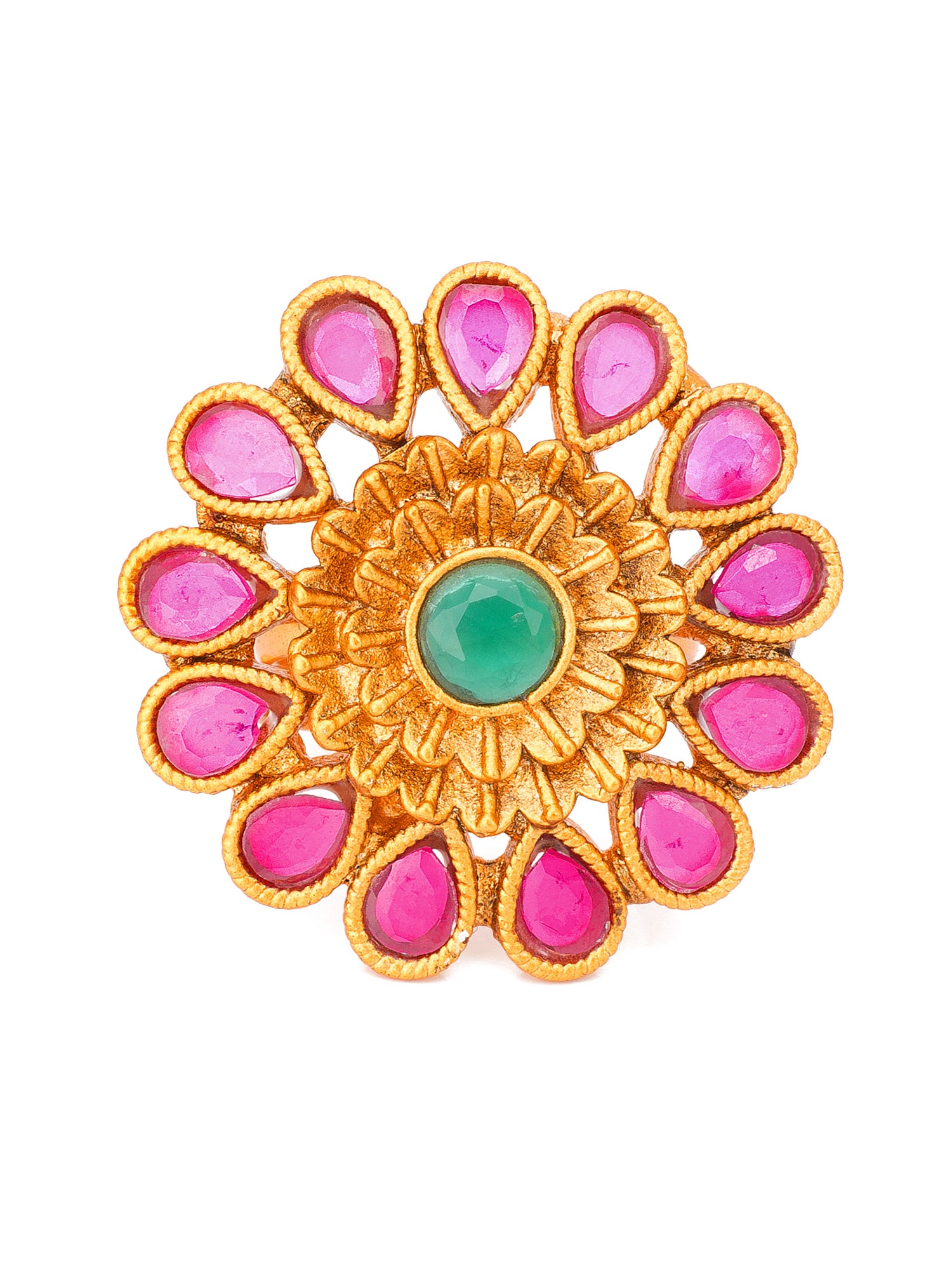 Aadita Gold-Toned Floral Statement Ring with Pink and Green Stones