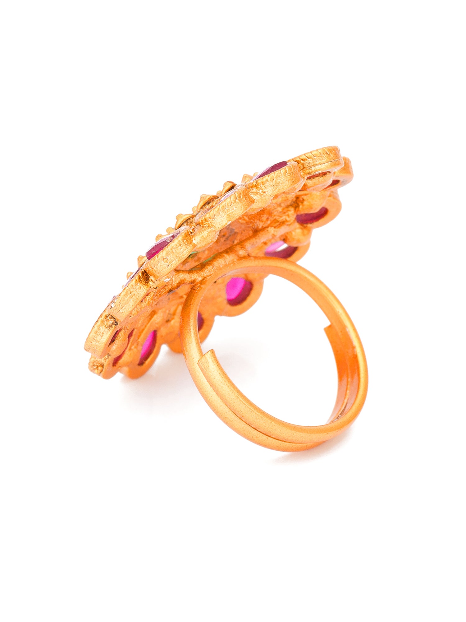 Aadita Gold-Toned Floral Statement Ring with Pink and Green Stones
