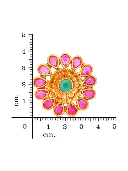 Aadita Gold-Toned Floral Statement Ring with Pink and Green Stones