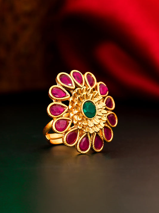 Aadita Gold-Toned Floral Statement Ring with Pink and Green Stones