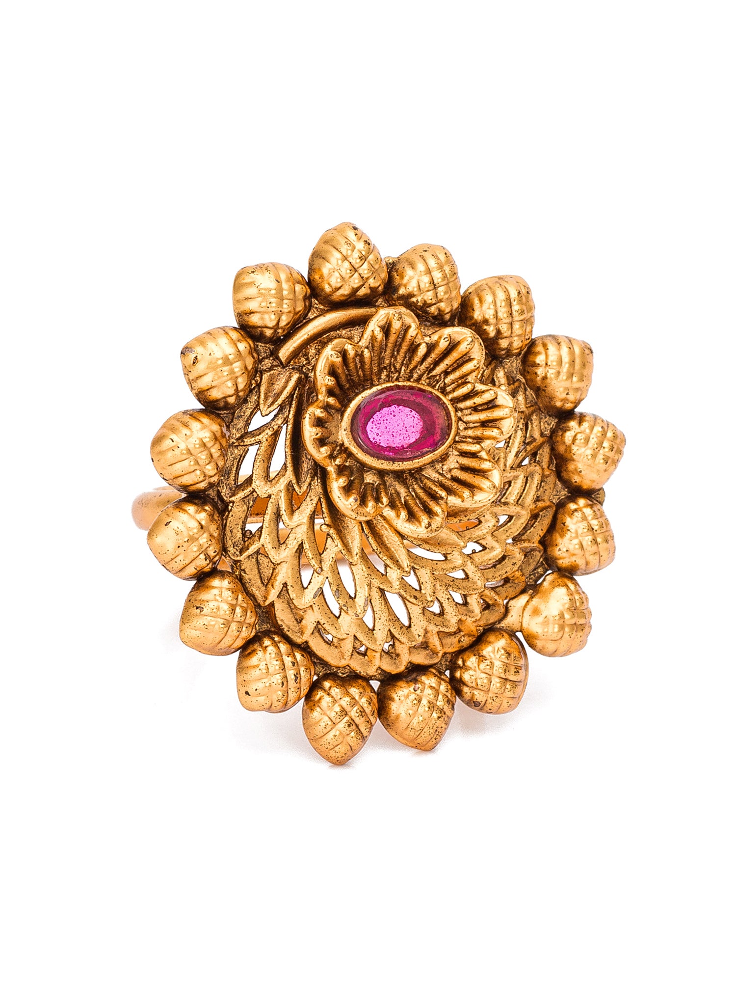 Aadita Antique Style Meshwork Ring with Central Pink Stone