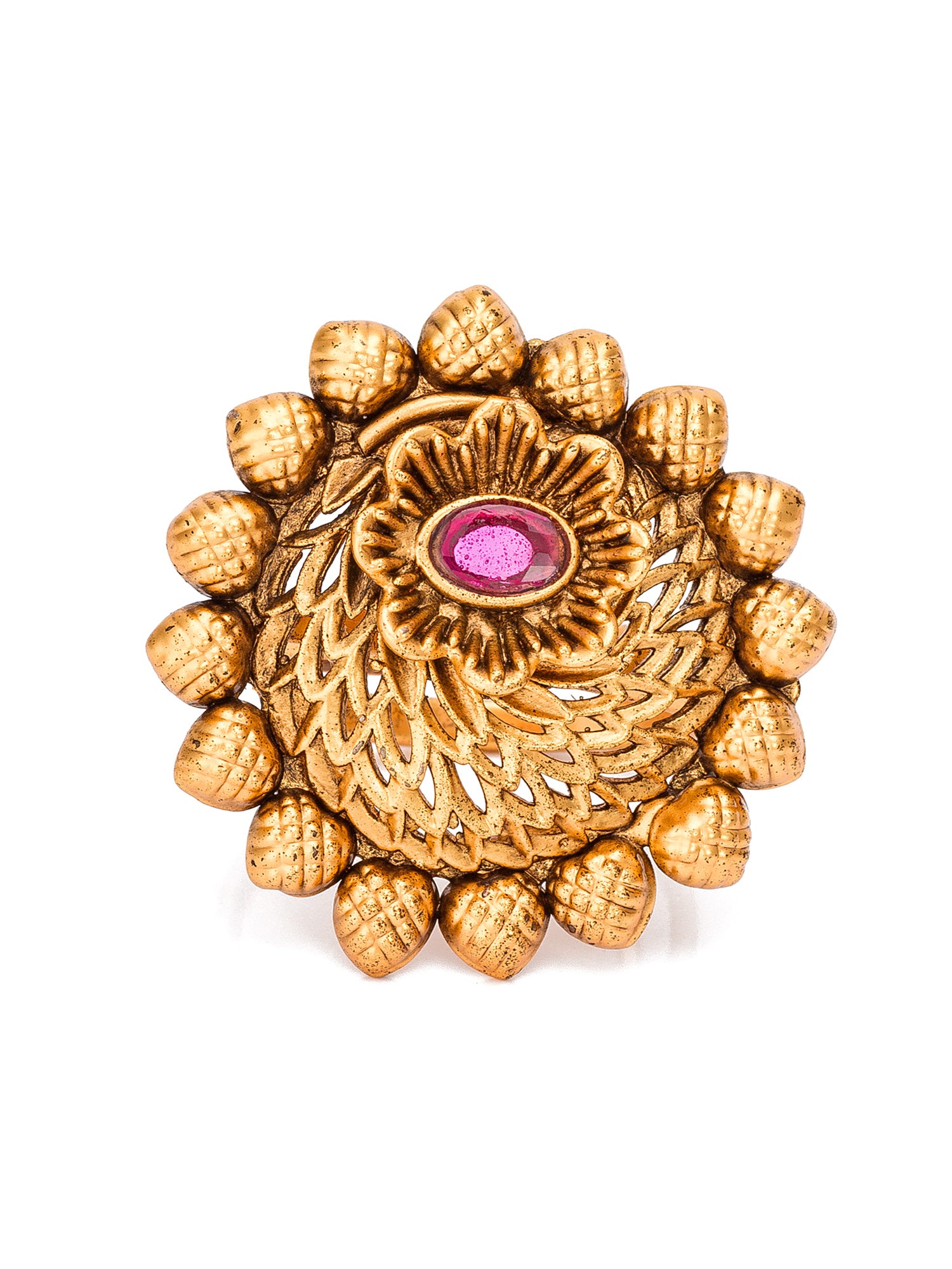 Aadita Antique Style Meshwork Ring with Central Pink Stone