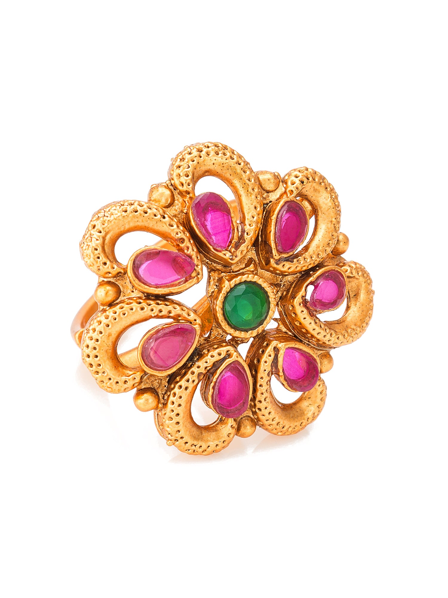 Aadita Floral Motif Ethnic Ring with Pink and Green Stones