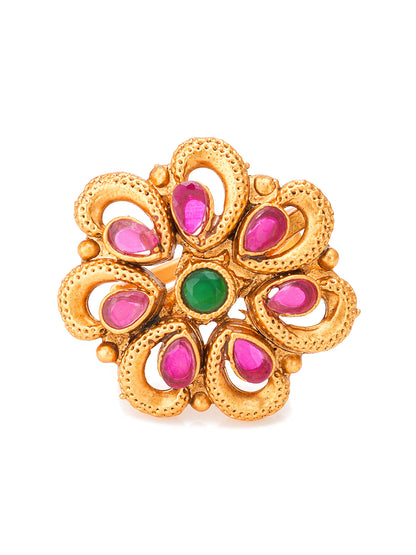 Aadita Floral Motif Ethnic Ring with Pink and Green Stones