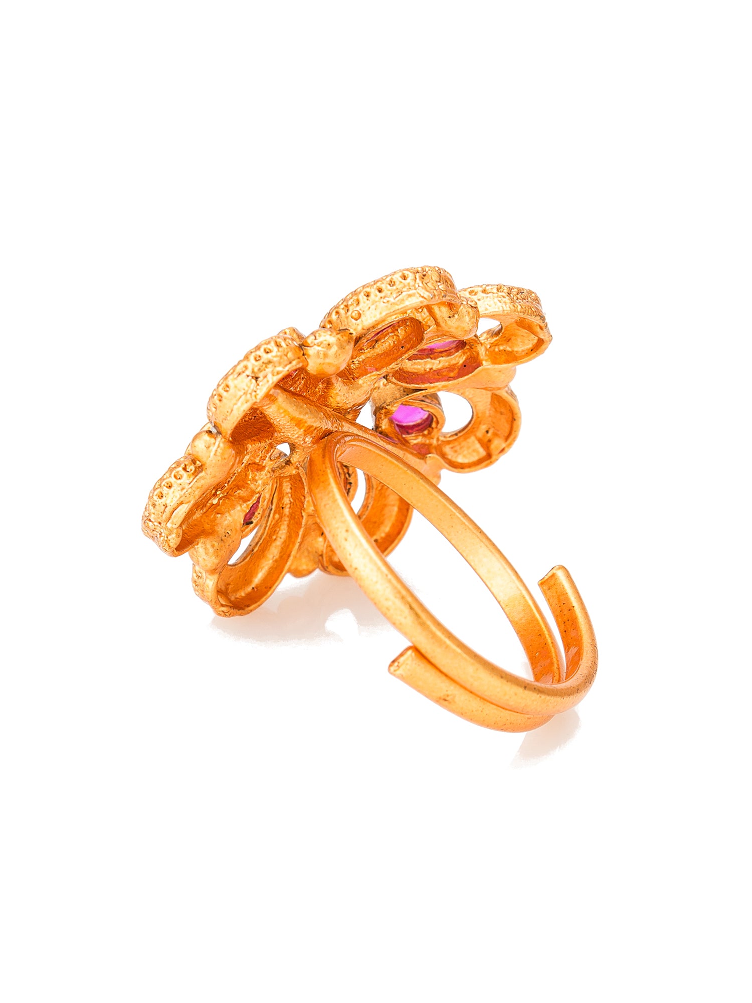 Aadita Floral Motif Ethnic Ring with Pink and Green Stones