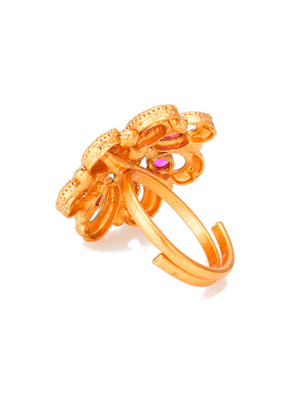 Aadita Floral Motif Ethnic Ring with Pink and Green Stones