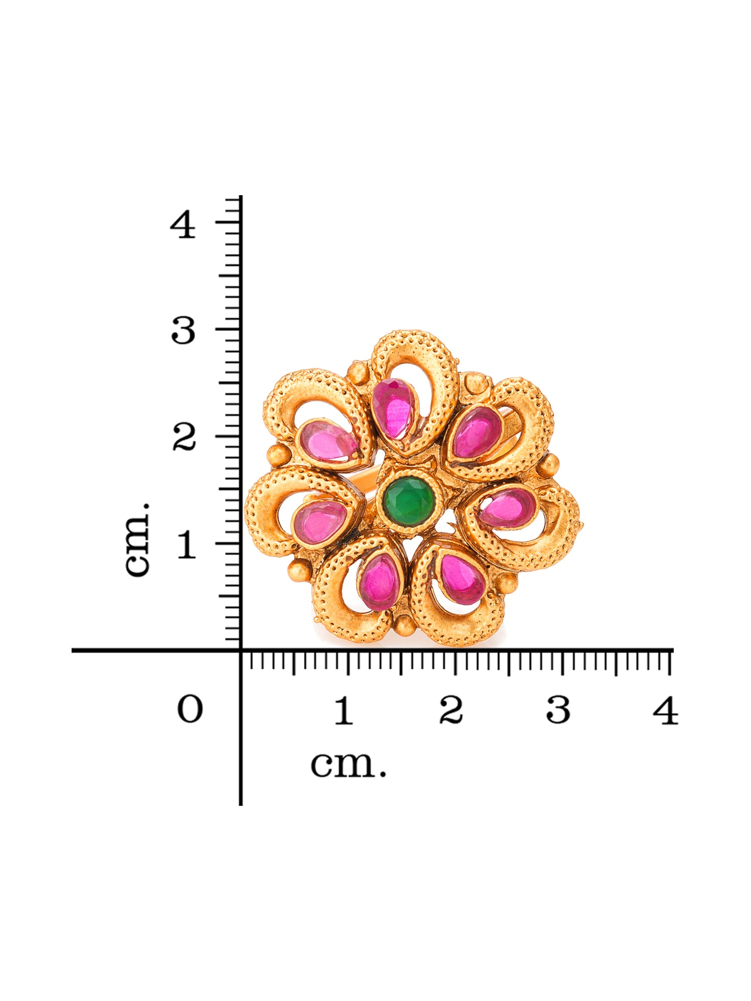 Aadita Floral Motif Ethnic Ring with Pink and Green Stones