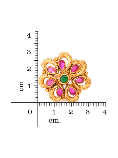 Aadita Floral Motif Ethnic Ring with Pink and Green Stones