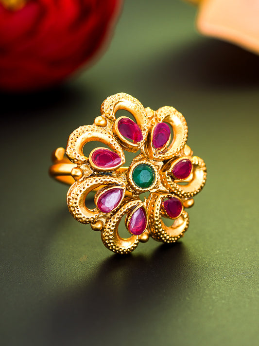 Aadita Floral Motif Ethnic Ring with Pink and Green Stones