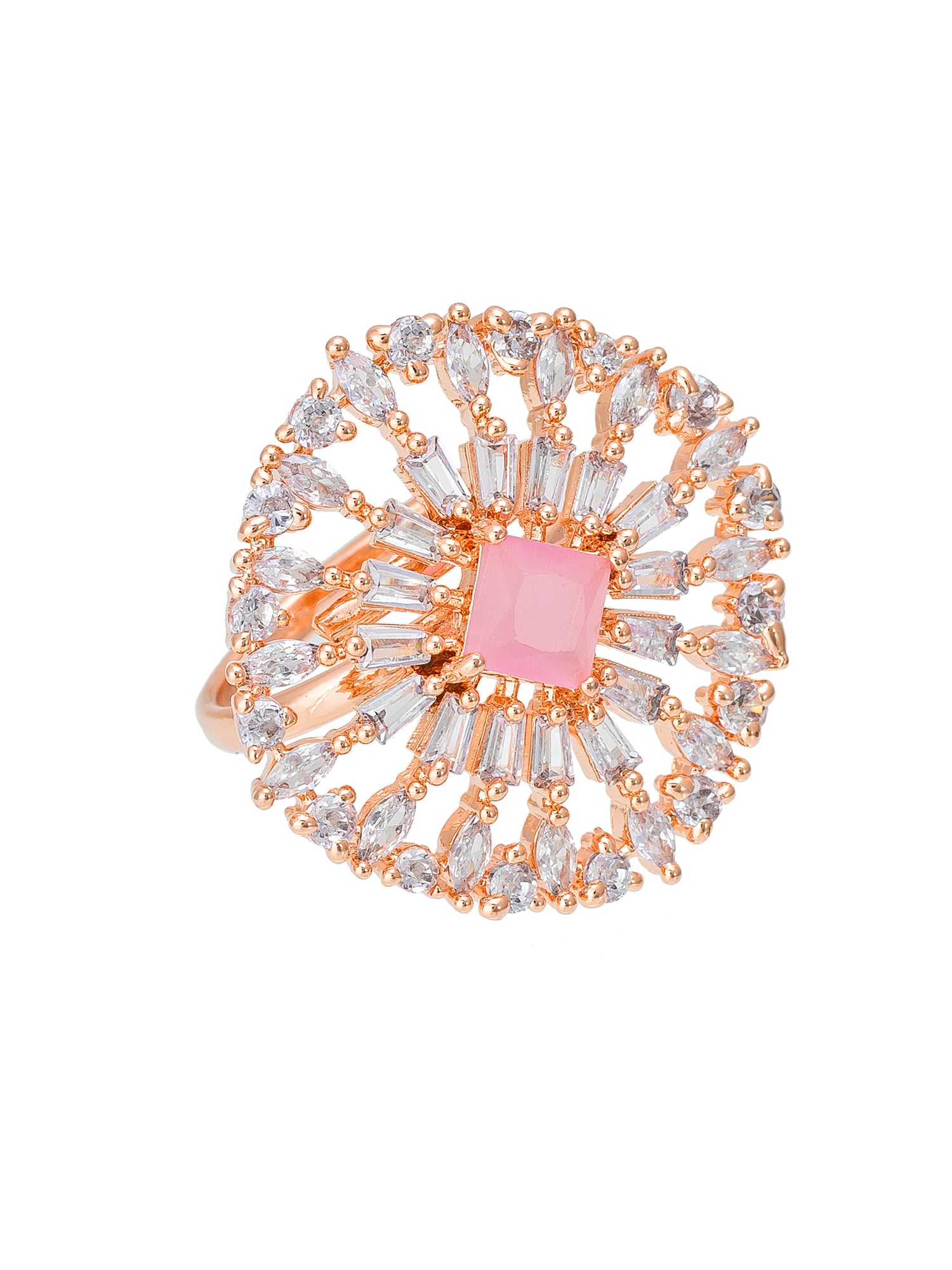 Aadita Rose Gold Sunburst Cocktail Ring with Pink Square Center