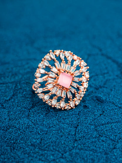 Aadita Rose Gold Sunburst Cocktail Ring with Pink Square Center