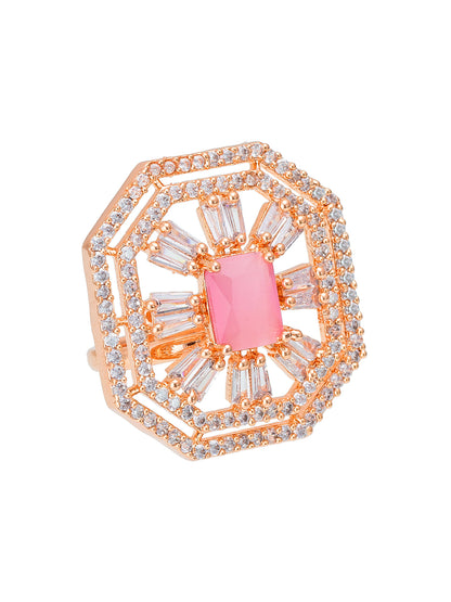 Aadita Octagonal Art Deco Style Rose Gold Ring with Pink Solitaire