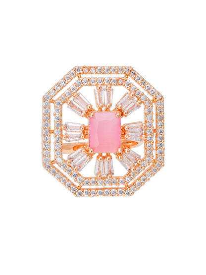 Aadita Octagonal Art Deco Style Rose Gold Ring with Pink Solitaire