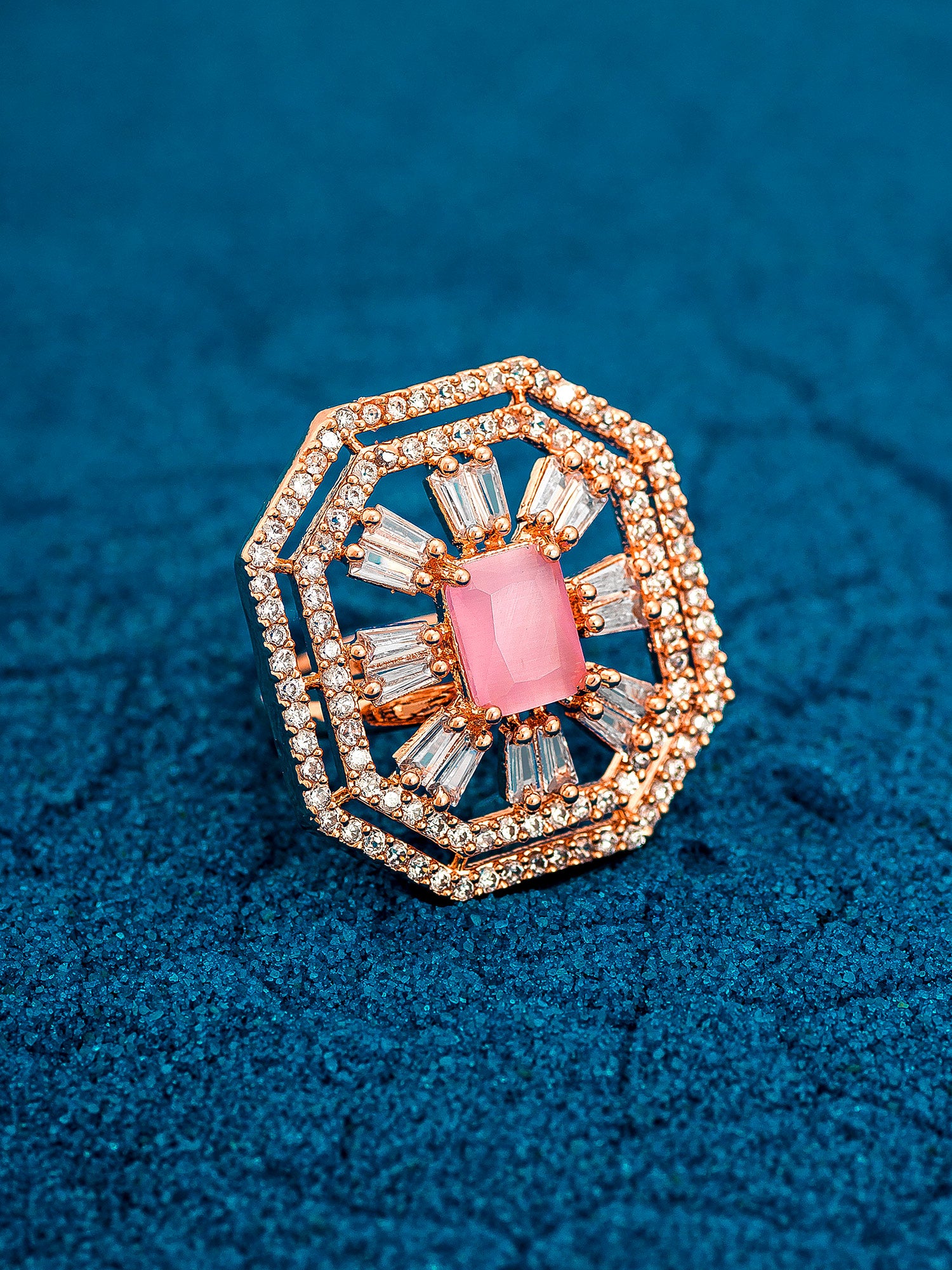 Aadita Octagonal Art Deco Style Rose Gold Ring with Pink Solitaire