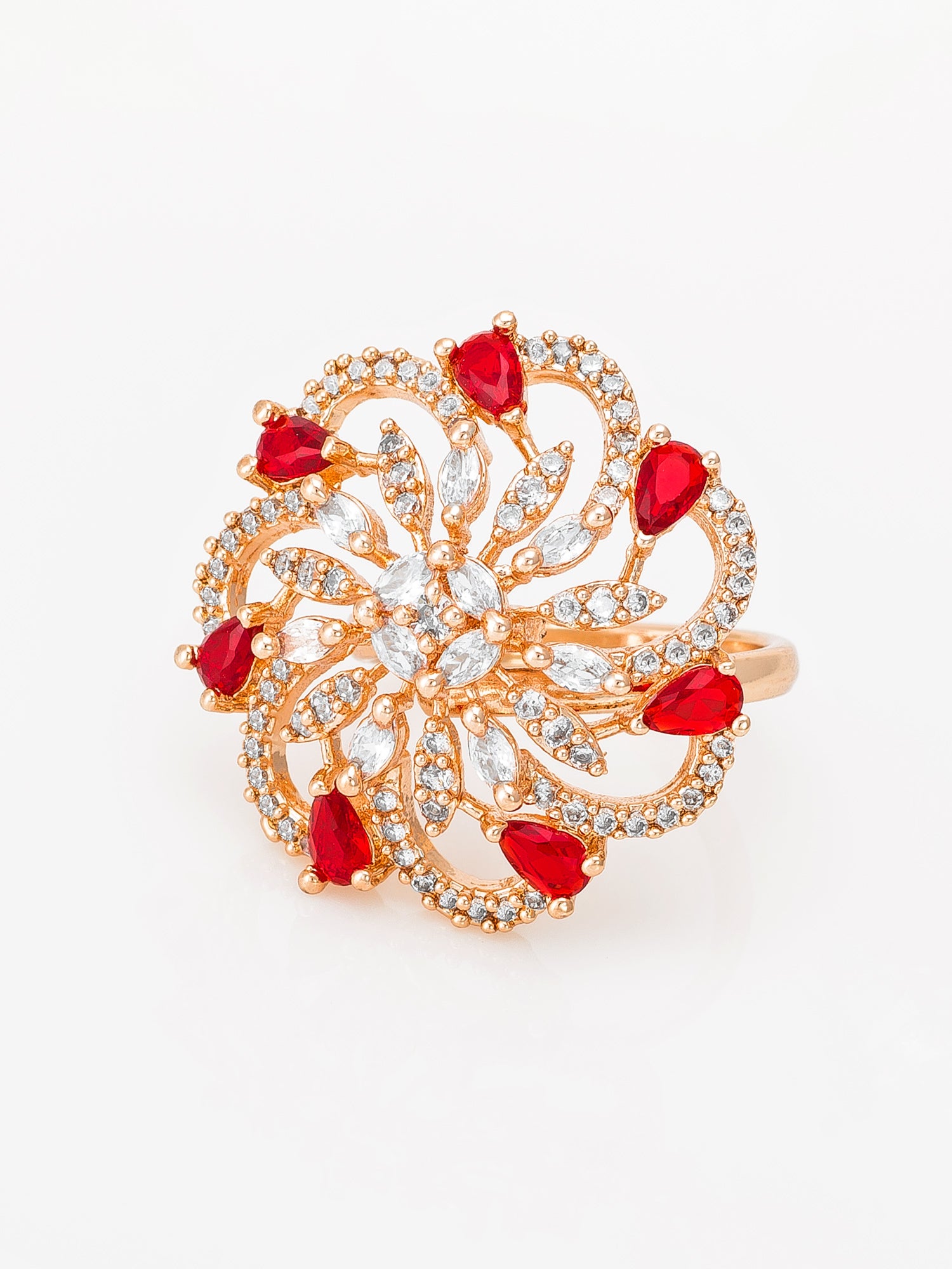 Aadita Ruby Red and Clear Crystal Swirl Statement Ring