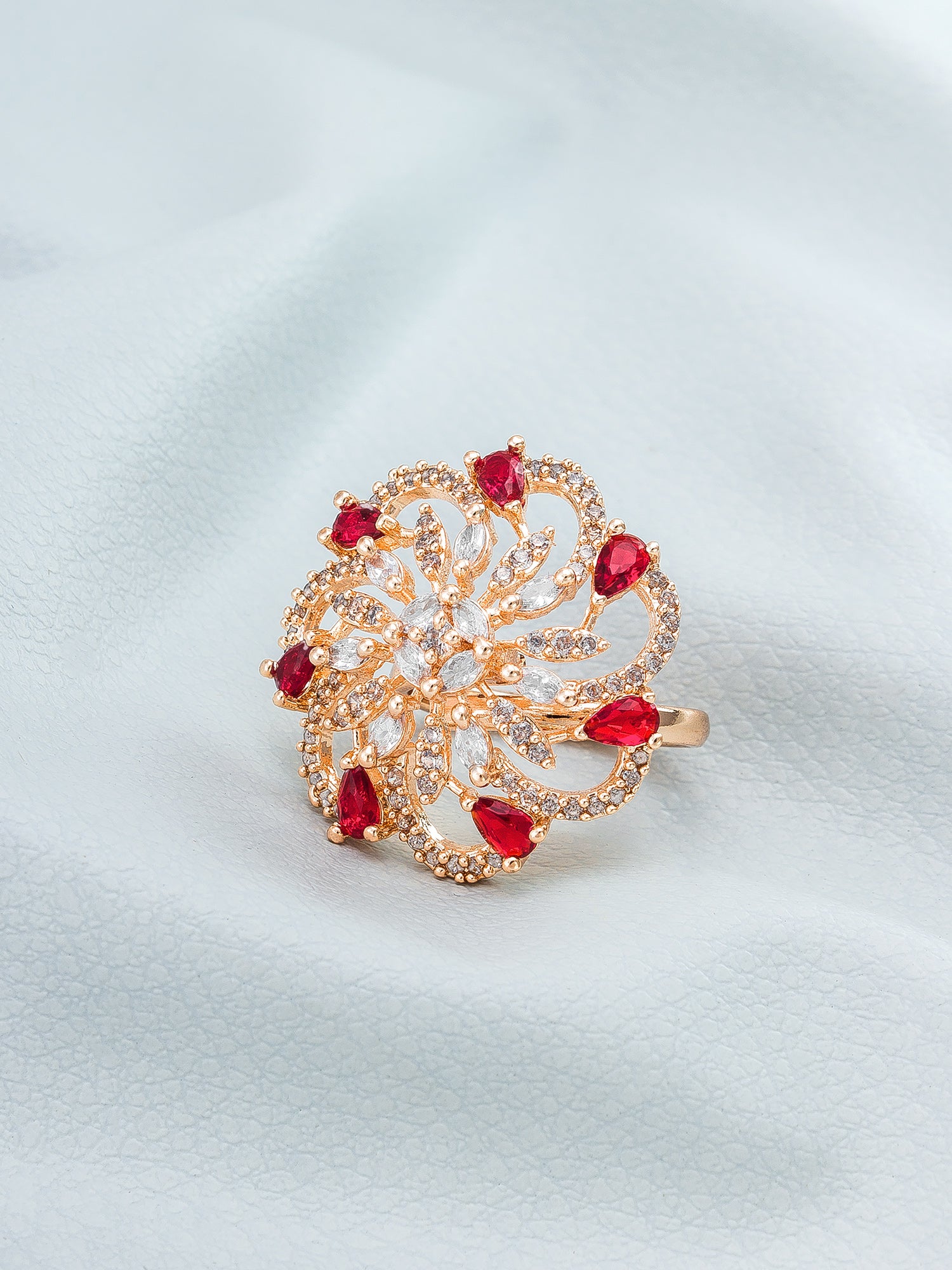 Aadita Ruby Red and Clear Crystal Swirl Statement Ring