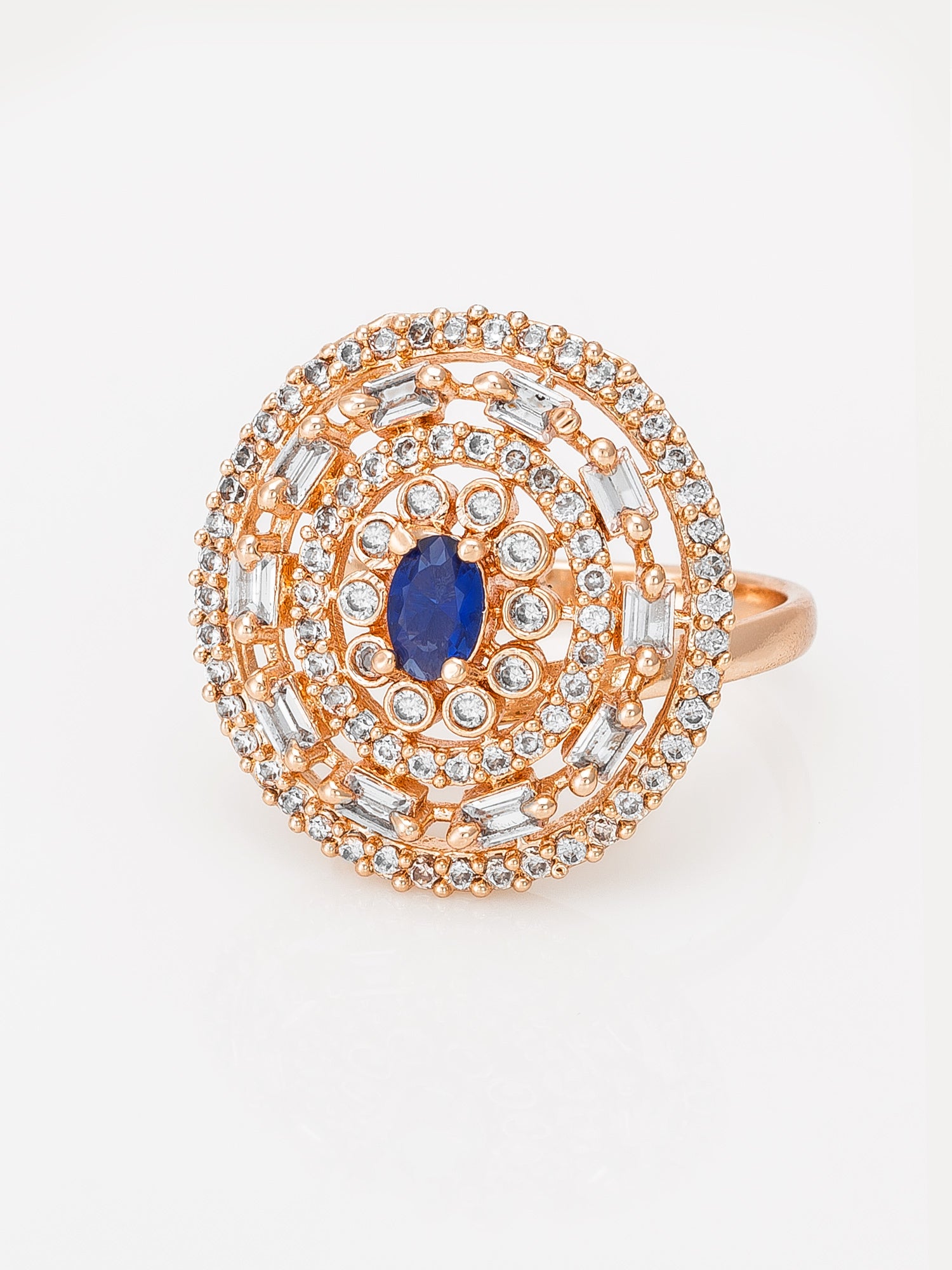 Aadita Concentric Circle Blue Stone Ring with Baguette Accents