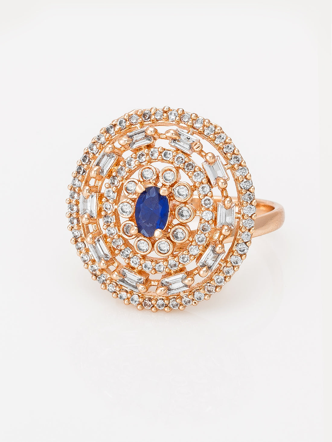 Aadita Concentric Circle Blue Stone Ring with Baguette Accents