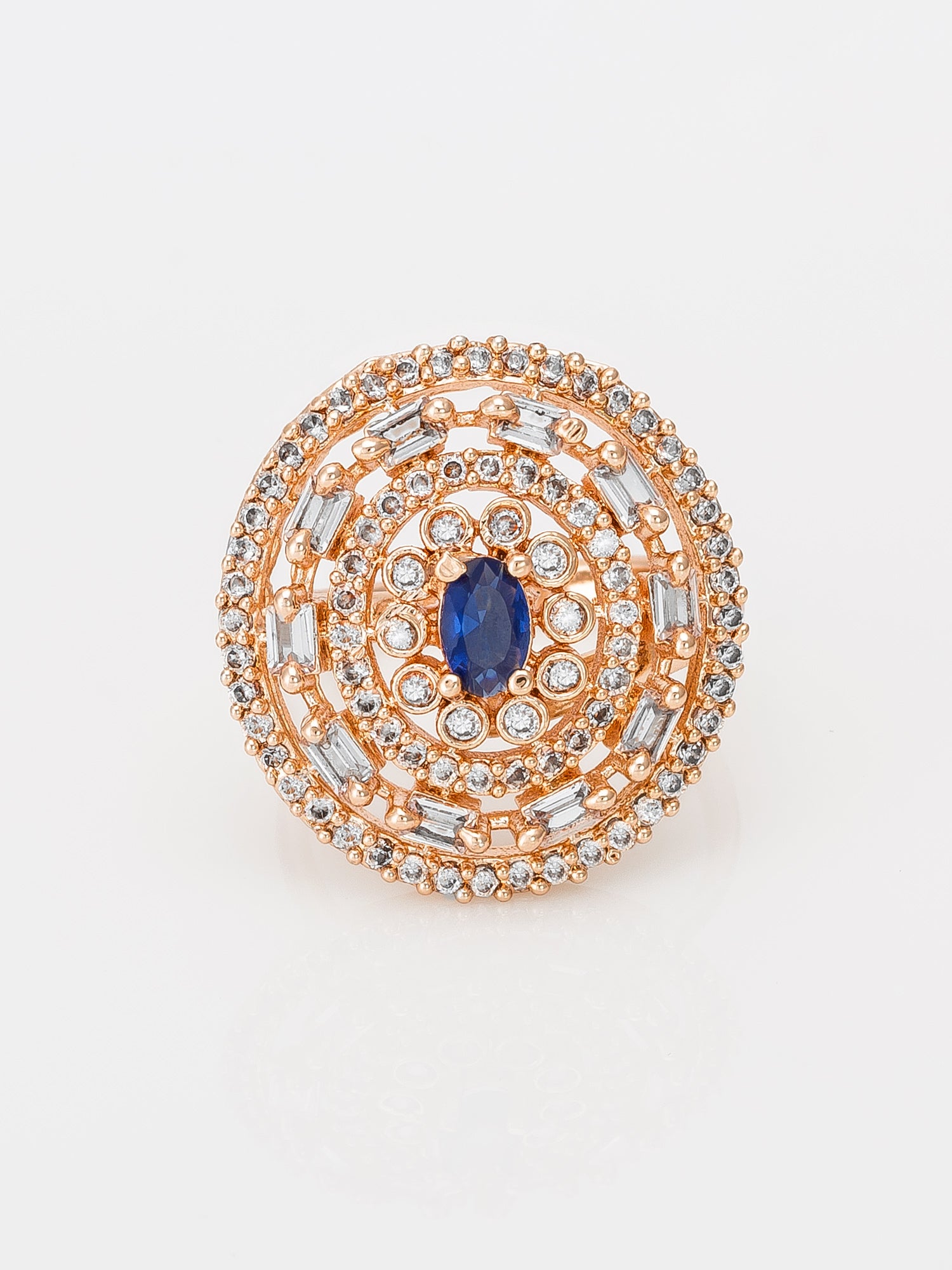 Aadita Concentric Circle Blue Stone Ring with Baguette Accents