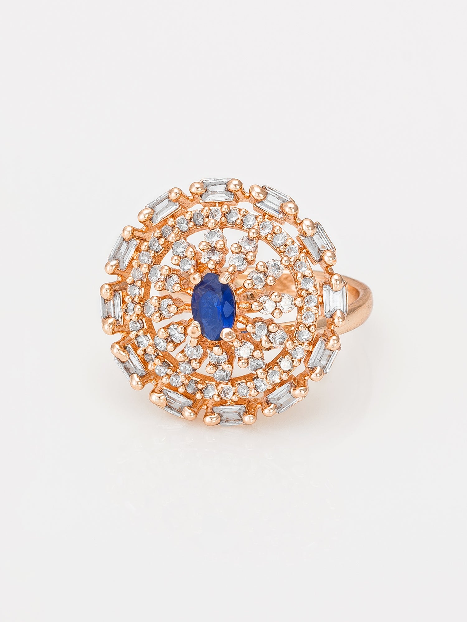 Aadita Rose Gold Tone Round Ring with Blue Oval Stone and Baguette Halo