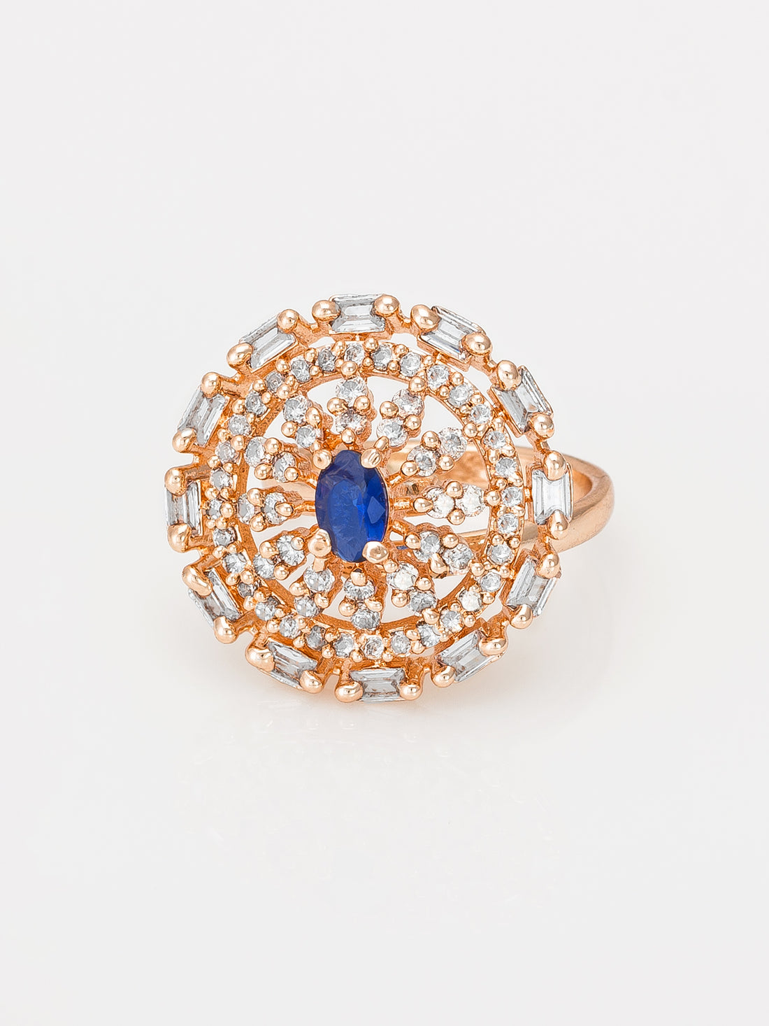 Aadita Rose Gold Tone Round Ring with Blue Oval Stone and Baguette Halo