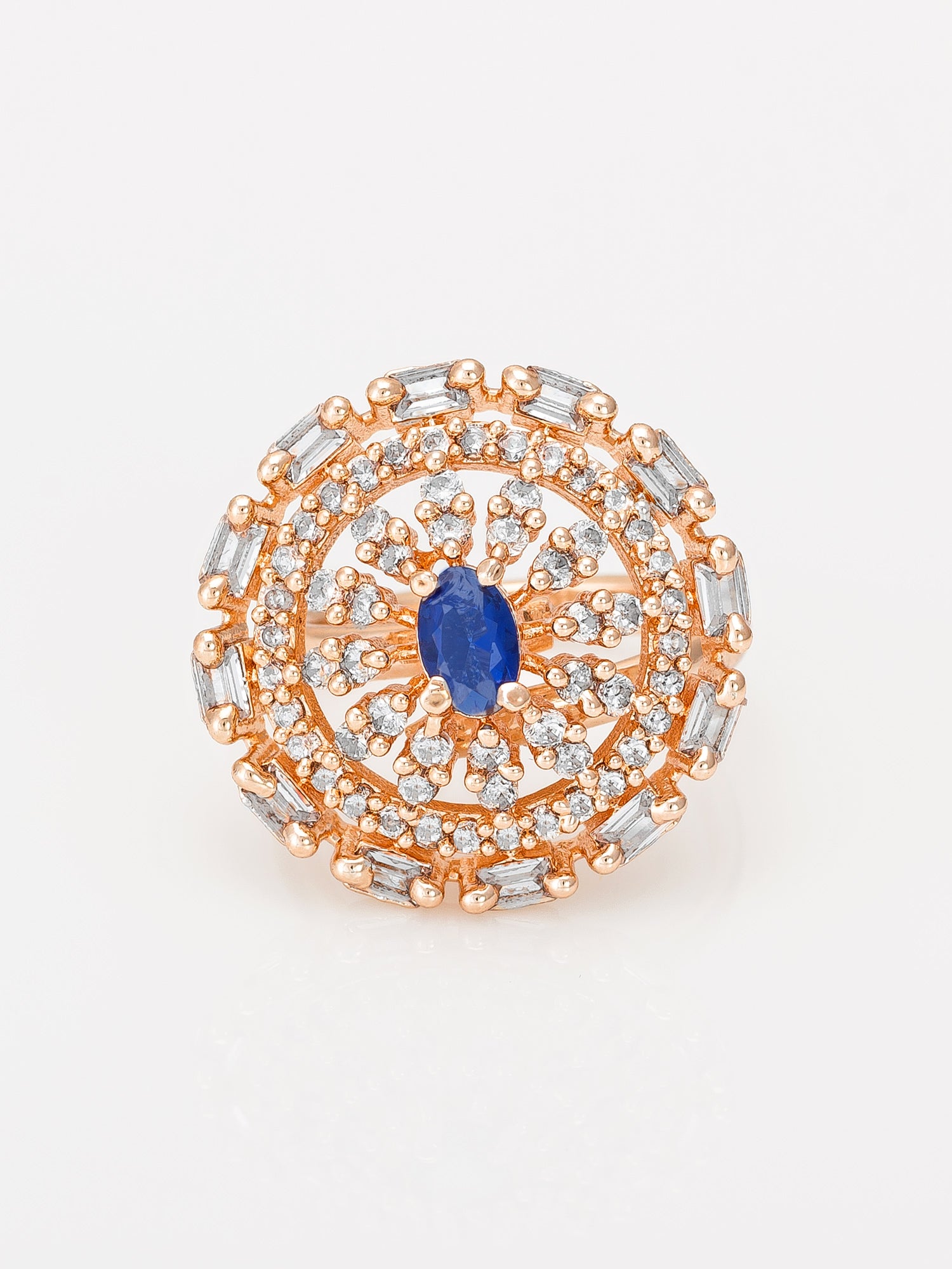 Aadita Rose Gold Tone Round Ring with Blue Oval Stone and Baguette Halo
